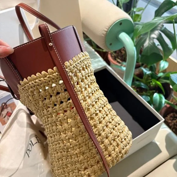 Polene Paris Crochet Straw Tote Bag Browm Leather Trim - Picture 8 of 10